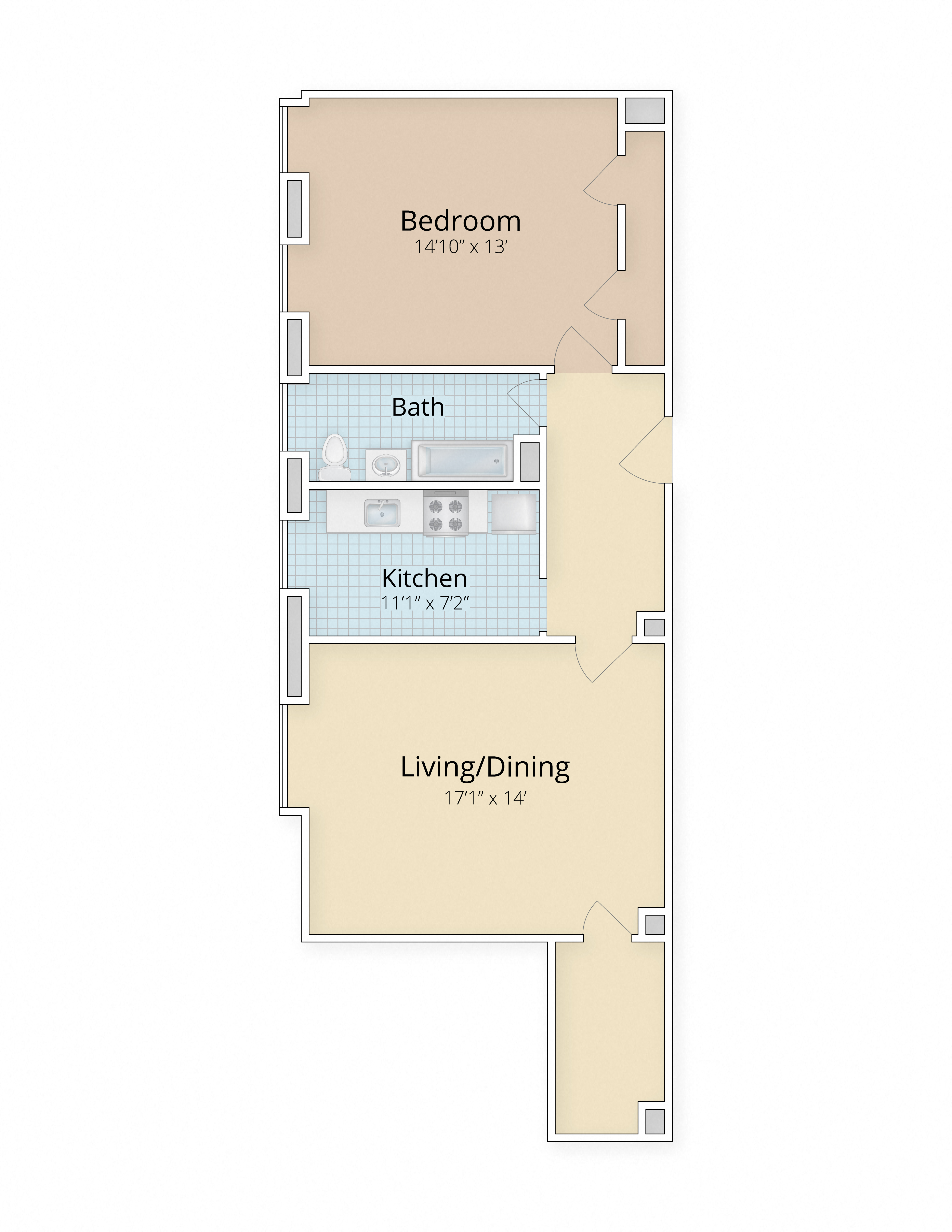 Floor plan for 1 bed, 1 bath, 879 sqft